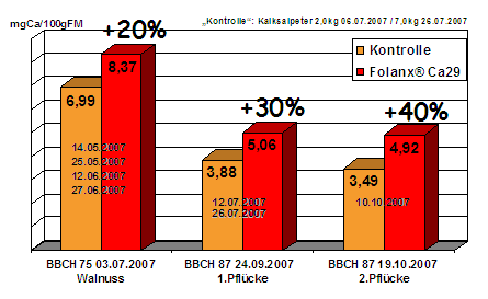 Folanx Ca29, der neue Calciumdünger - Effekt auf die physiologische Veränderung des Calciumgehaltes im Apfel über die Vegetationszeit: mg Ca/100 g FM (BBCH 75, BBCH 87/1, BBCH 87/2)